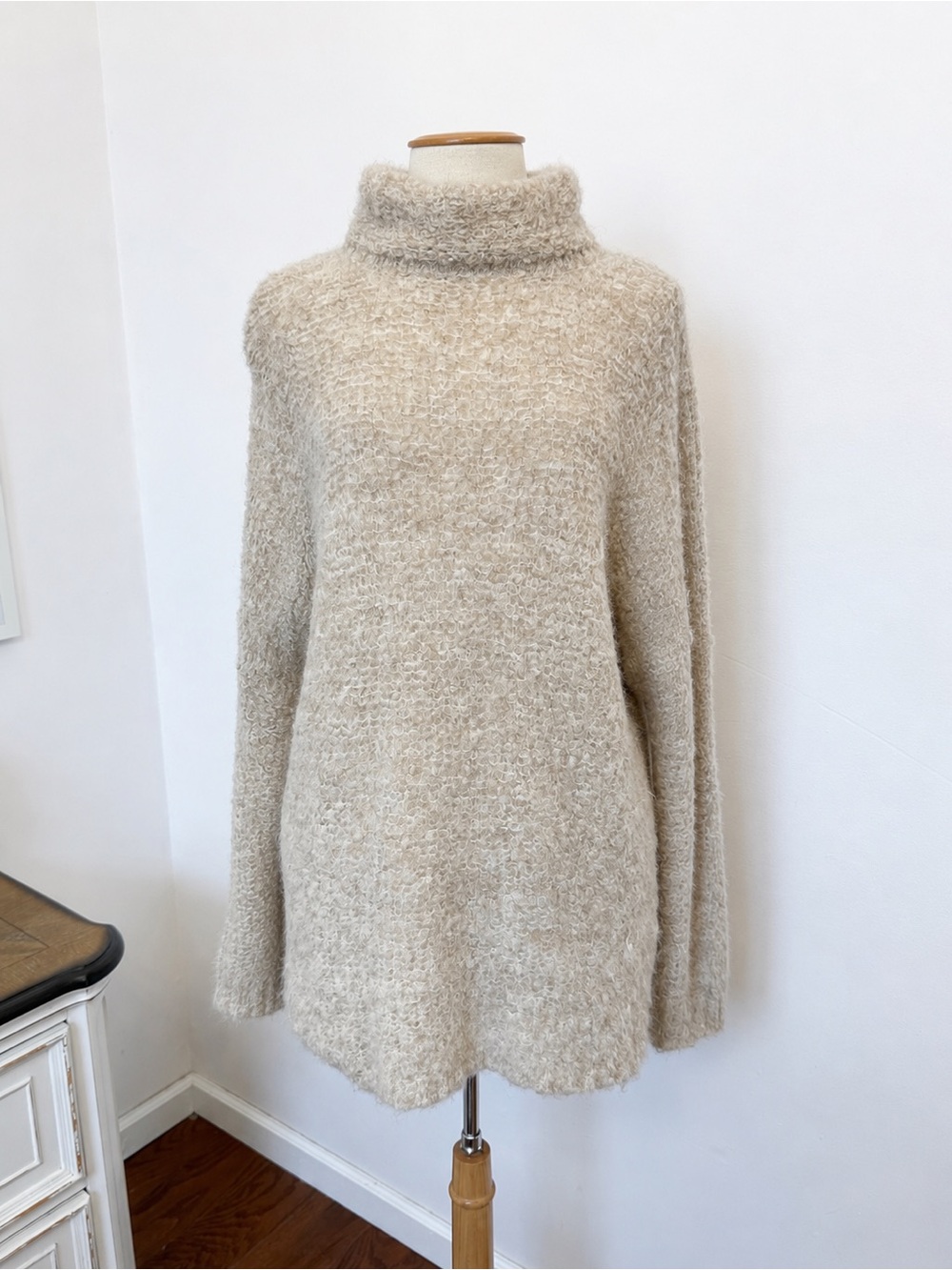 Free People Cozy Funnel Neck Longline Sweater in Beige